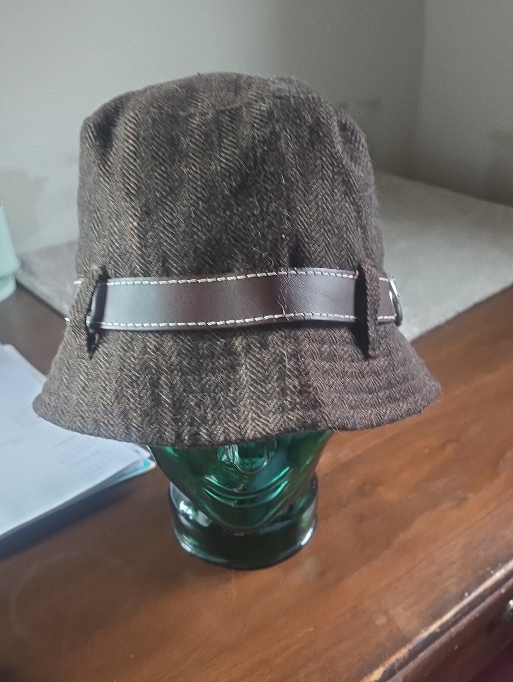 Brown Herringbone Bucket Hat with Leather Accent By FLIPPO CATARZI